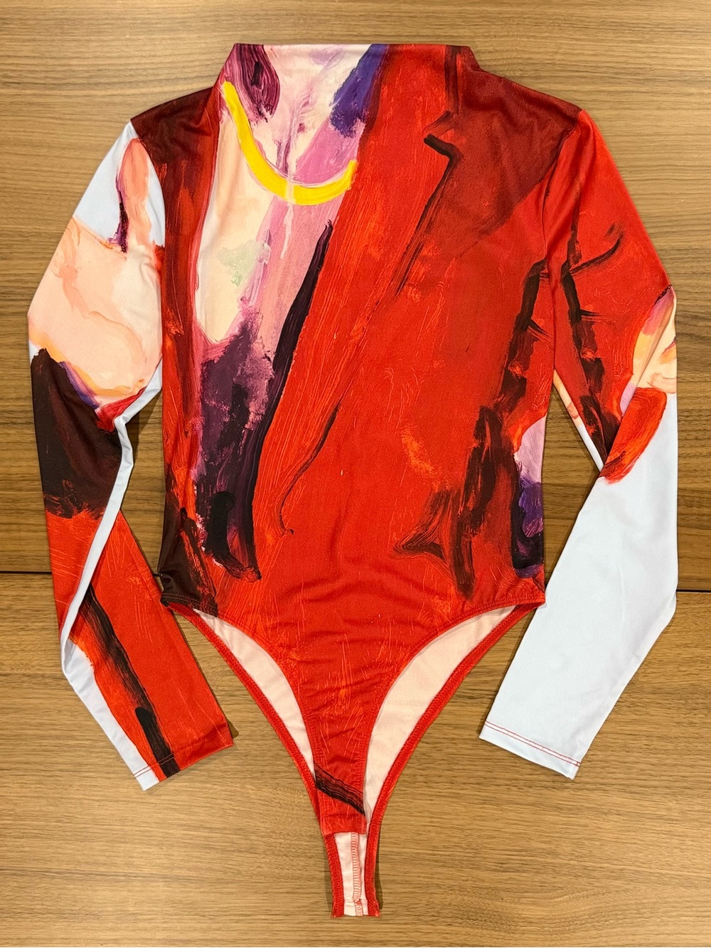 Zara Red Multicolor Abstract-Print Long Sleeve Bodysuit Newer Worn Size M